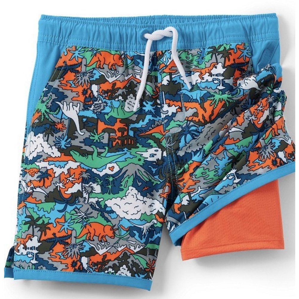 Lands End Boys Hydro Lined Sz L 10-12 Slim Swim Trunks Jurassic Dino Blue Orange